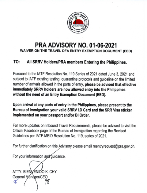 フィリピン退職庁（PRA）発表の資料-旅行用DFA入国免除書類（EED）の免除について