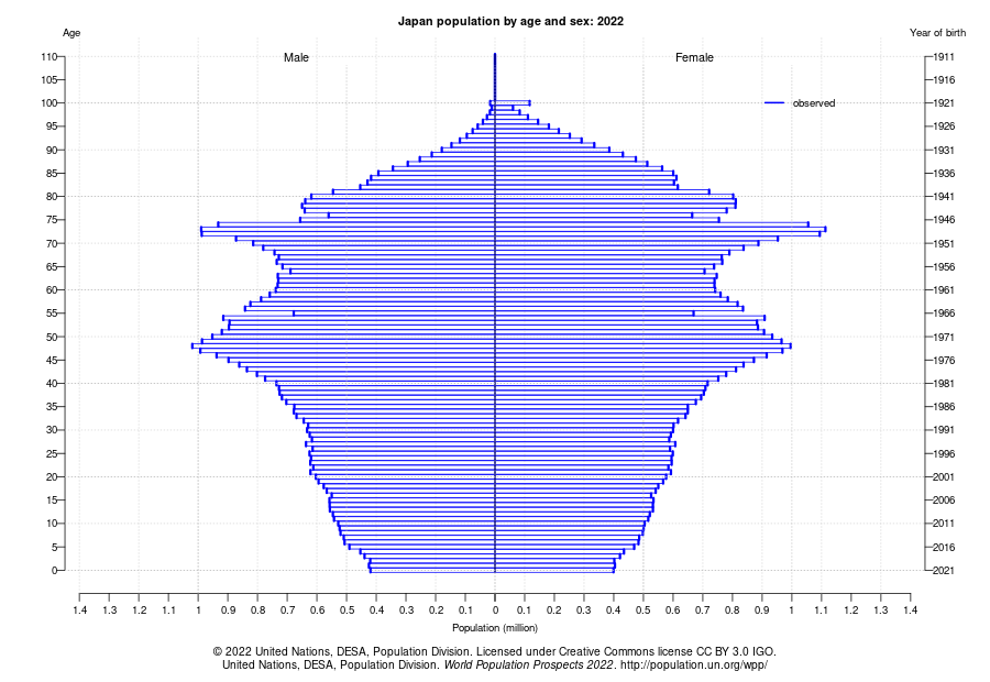日本の人口ピラミッド：2022年　出典：国際連合